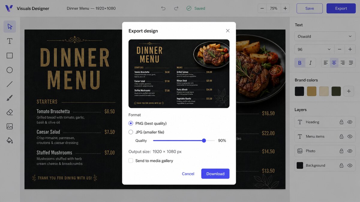 Export dialog in SignaCast Designer showing exact pixel size options