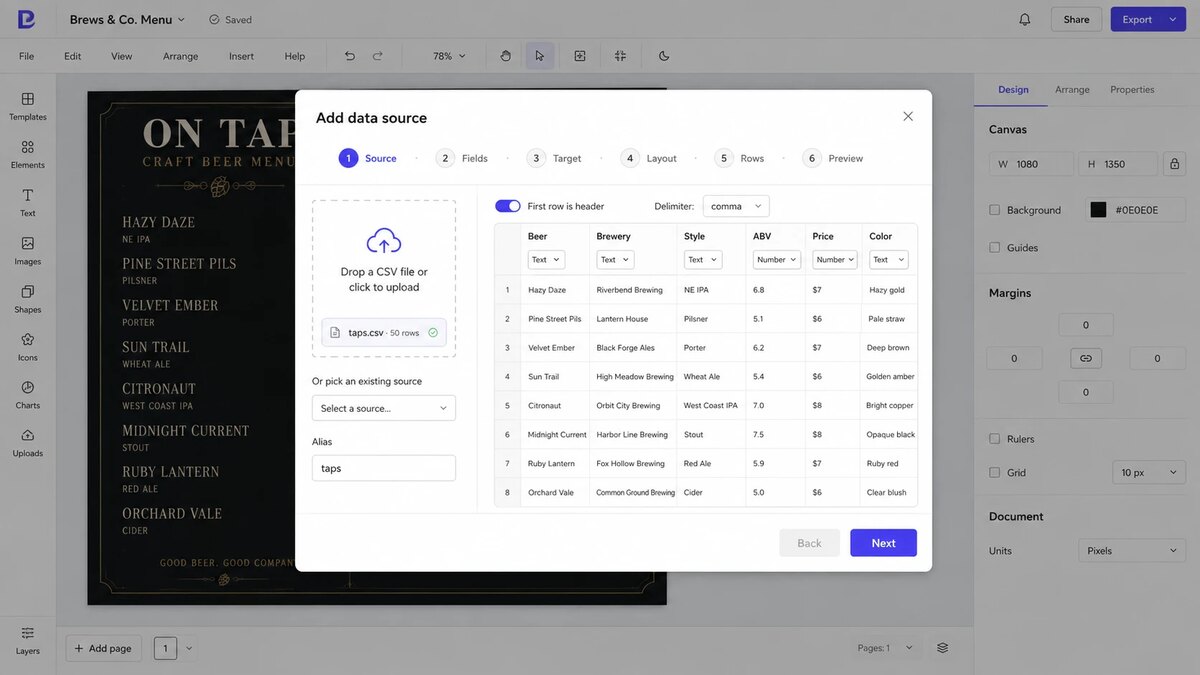 Data source wizard in SignaCast Designer, mapping CSV columns to fields