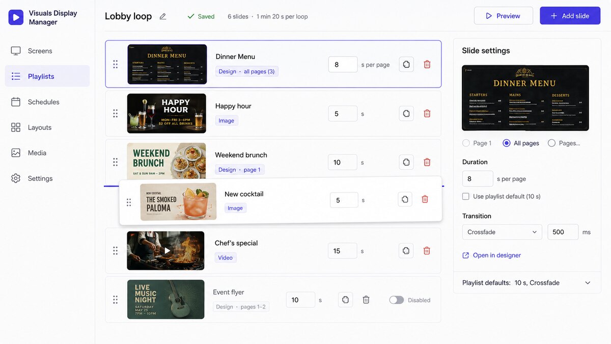 Playlist editor with slides, durations and transitions