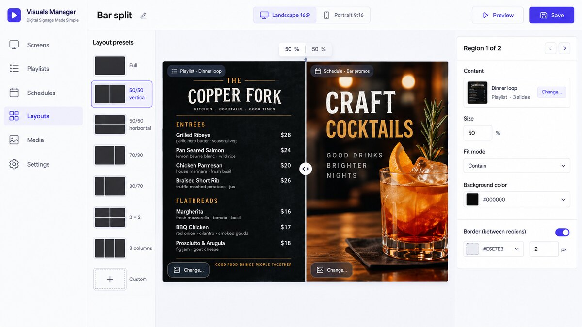 Layout editor showing a screen split into regions
